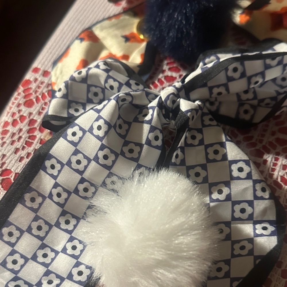 Floral Checkered Hair Bow with Pom Pombag charm